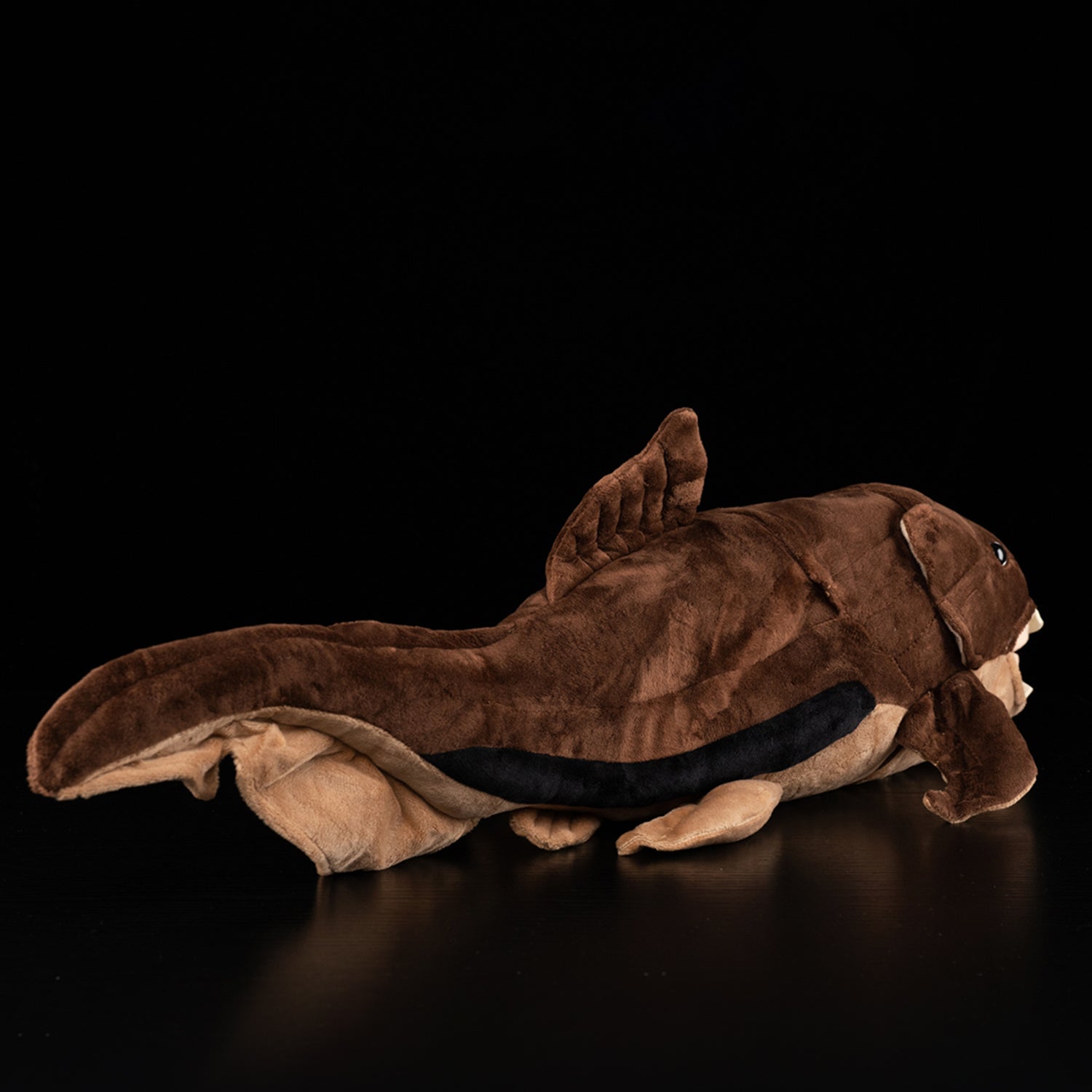 Back-side view of Dunkleosteus plush by SoftDaysLab, emphasizing its smooth tail and accurate prehistoric traits