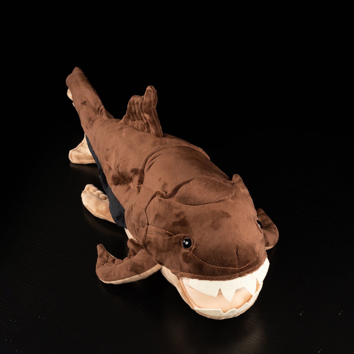 Full-top view of Dunkleosteus plush by SoftDaysLab, a realistic and soft prehistoric predator replica