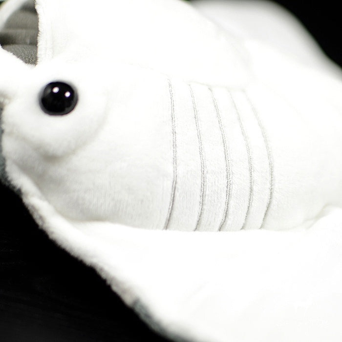 Close-up of giant devil ray plush face showing soft white fabric and stitched details for ocean lovers