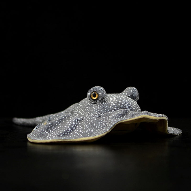 Side view of realistic honeycomb stingray plush toy with lifelike golden eye and soft spotted texture by SoftDaysLab