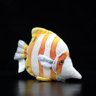 Angled side view of a realistic Copperband Butterflyfish plush toy, perfect for marine lovers