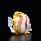 Back view of a Copperband Butterflyfish plush toy highlighting its tail and iconic striped pattern