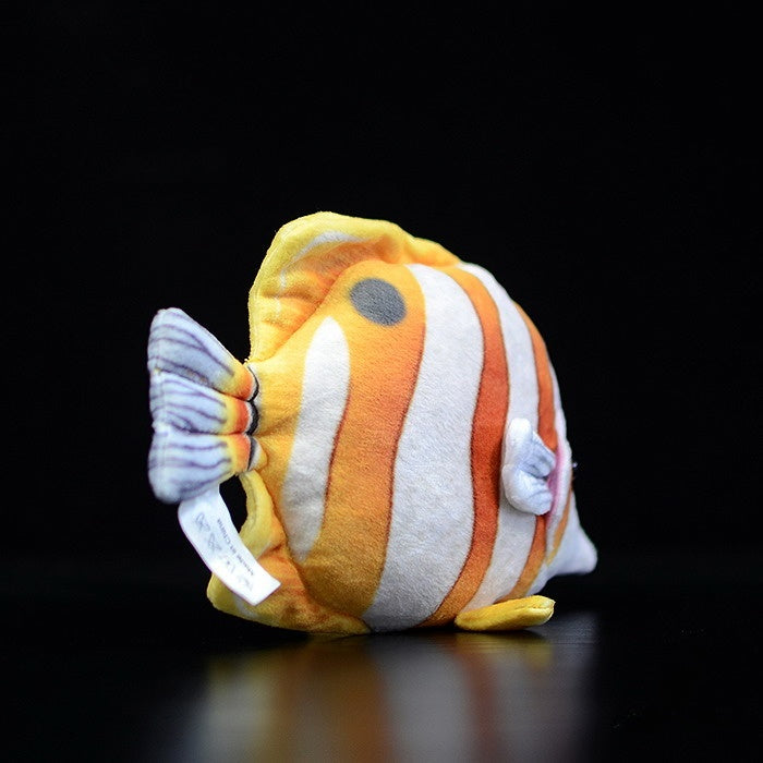 Back view of a Copperband Butterflyfish plush toy highlighting its tail and iconic striped pattern