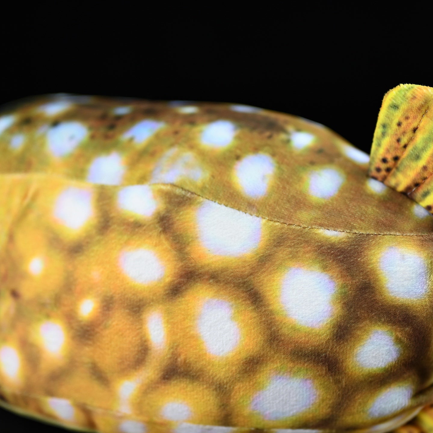 Close-up of the spotted body texture on the Immaculate Boxfish Plush with vibrant yellow hues