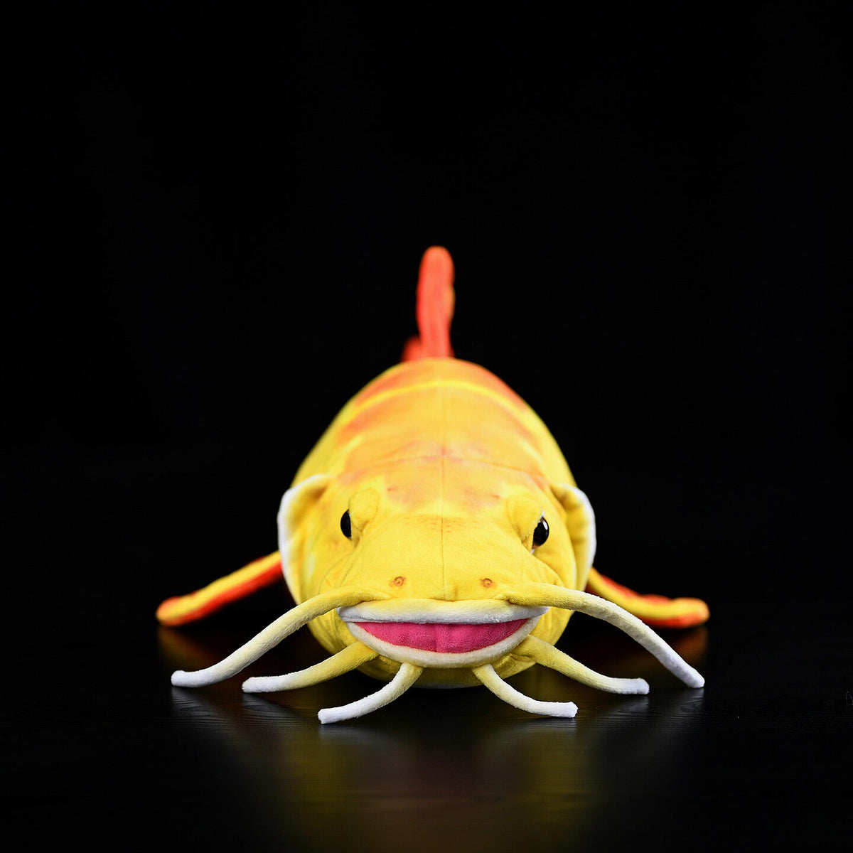 Front view of Golden Redtail Catfish Plush by SoftDaysLab® featuring realistic whiskers and smooth texture