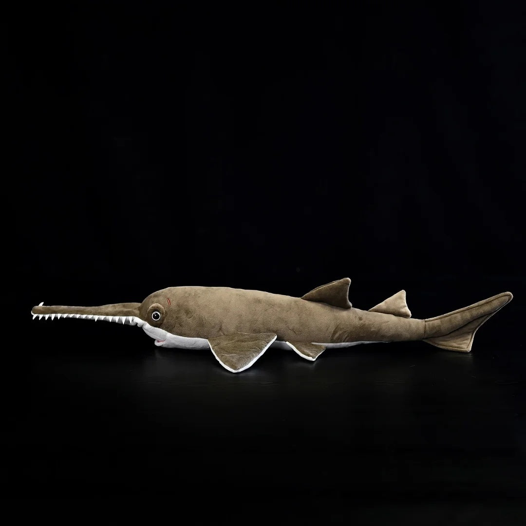 Side profile of Largetooth Sawfish Plush by SoftDaysLab®, emphasizing its lifelike body design