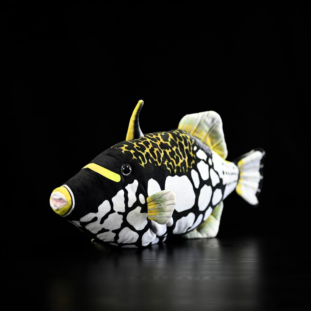 Angled view of the realistic Clown Triggerfish plush by SoftDaysLab®, perfect for marine life enthusiasts