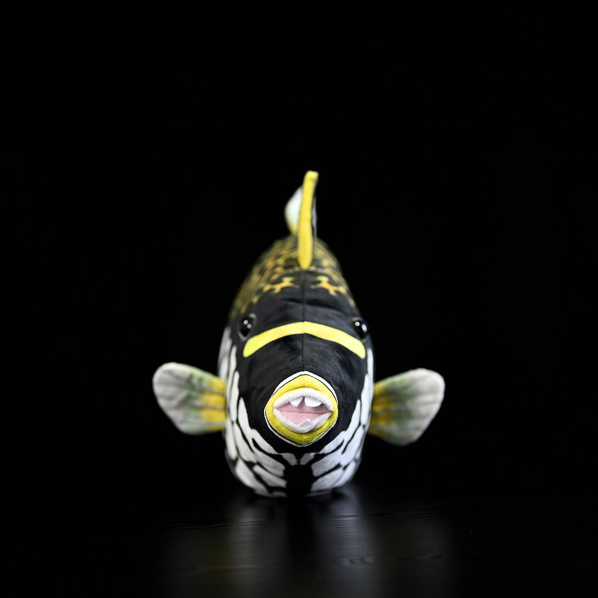 Front view of the Clown Triggerfish stuffed toy by SoftDaysLab®, showcasing its detailed face and unique design