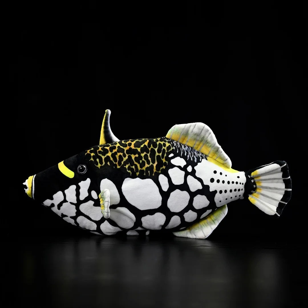Side view of a Clown Triggerfish plush by SoftDaysLab®, featuring lifelike patterns and vibrant colors