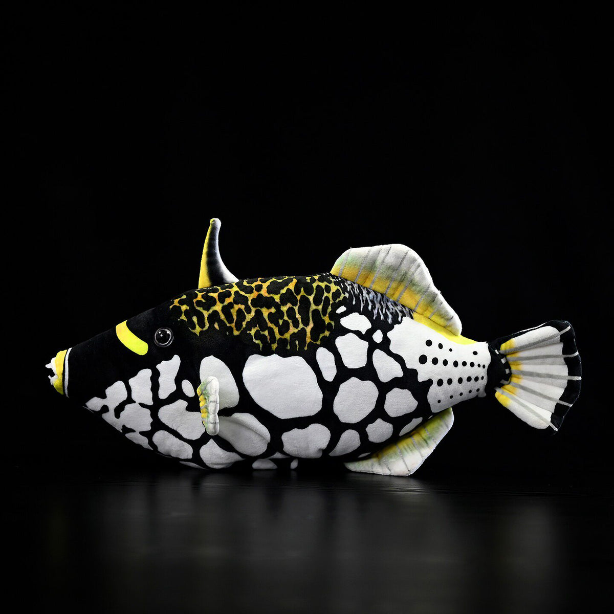 Side view of a Clown Triggerfish plush by SoftDaysLab®, featuring lifelike patterns and vibrant colors