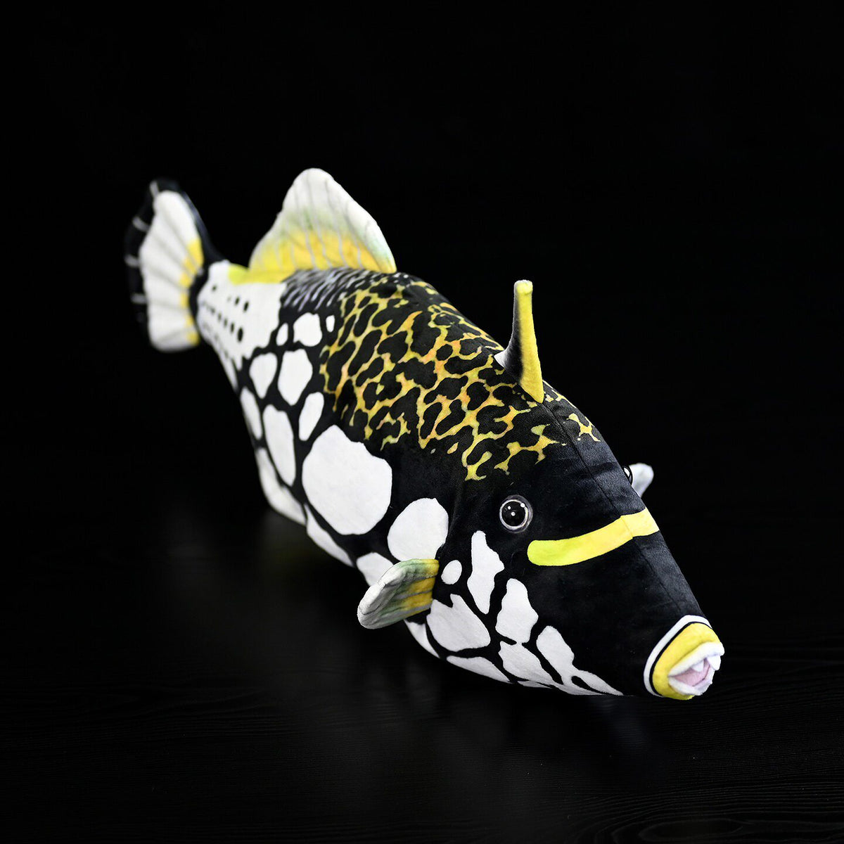 Full-length angled view of the Clown Triggerfish plush by SoftDaysLab®, crafted with vibrant oceanic details