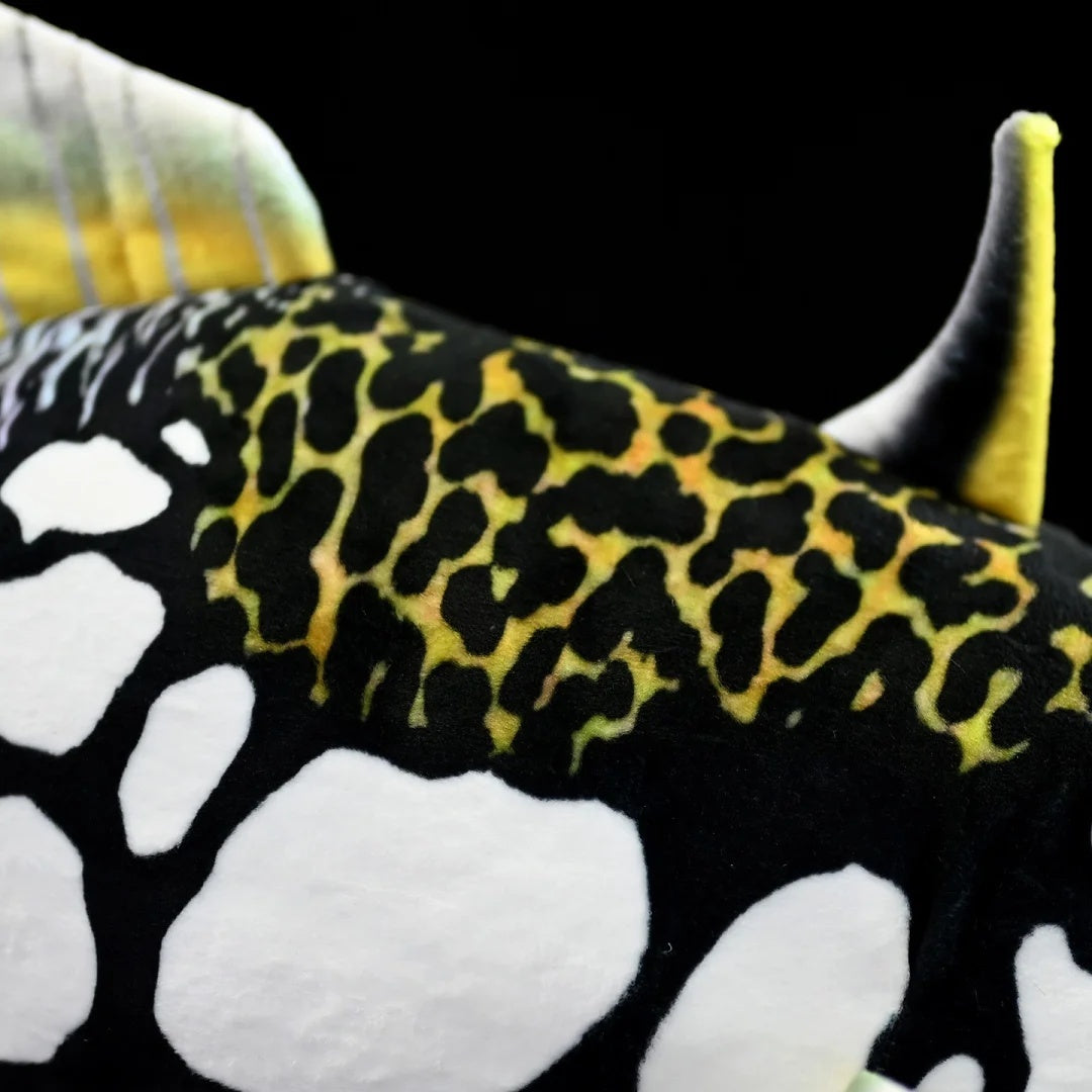 Close-up of the Clown Triggerfish plush's patterned body by SoftDaysLab®, showing its lifelike leopard design