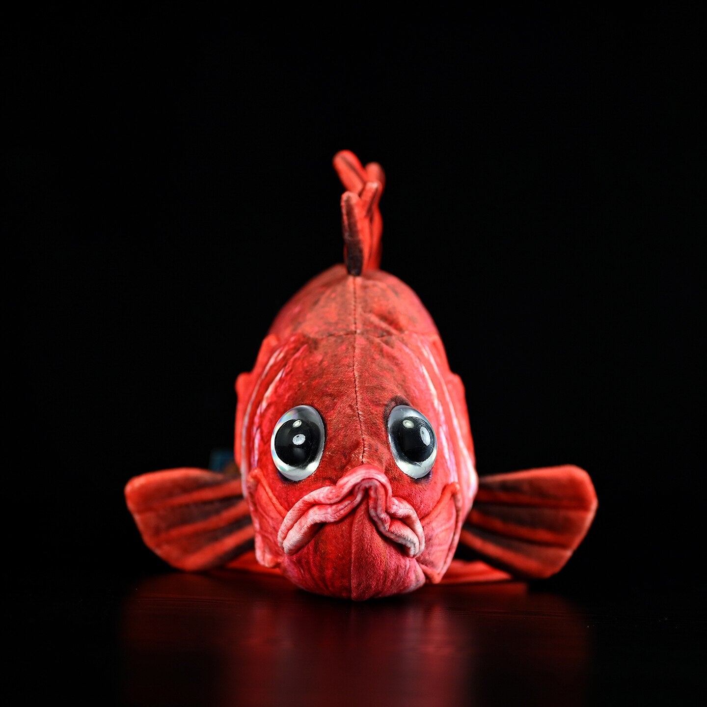 Front view of Japanese soldierfish (Ebisudai) plush by SoftDaysLab, highlighting realistic eyes and sushi-inspired details