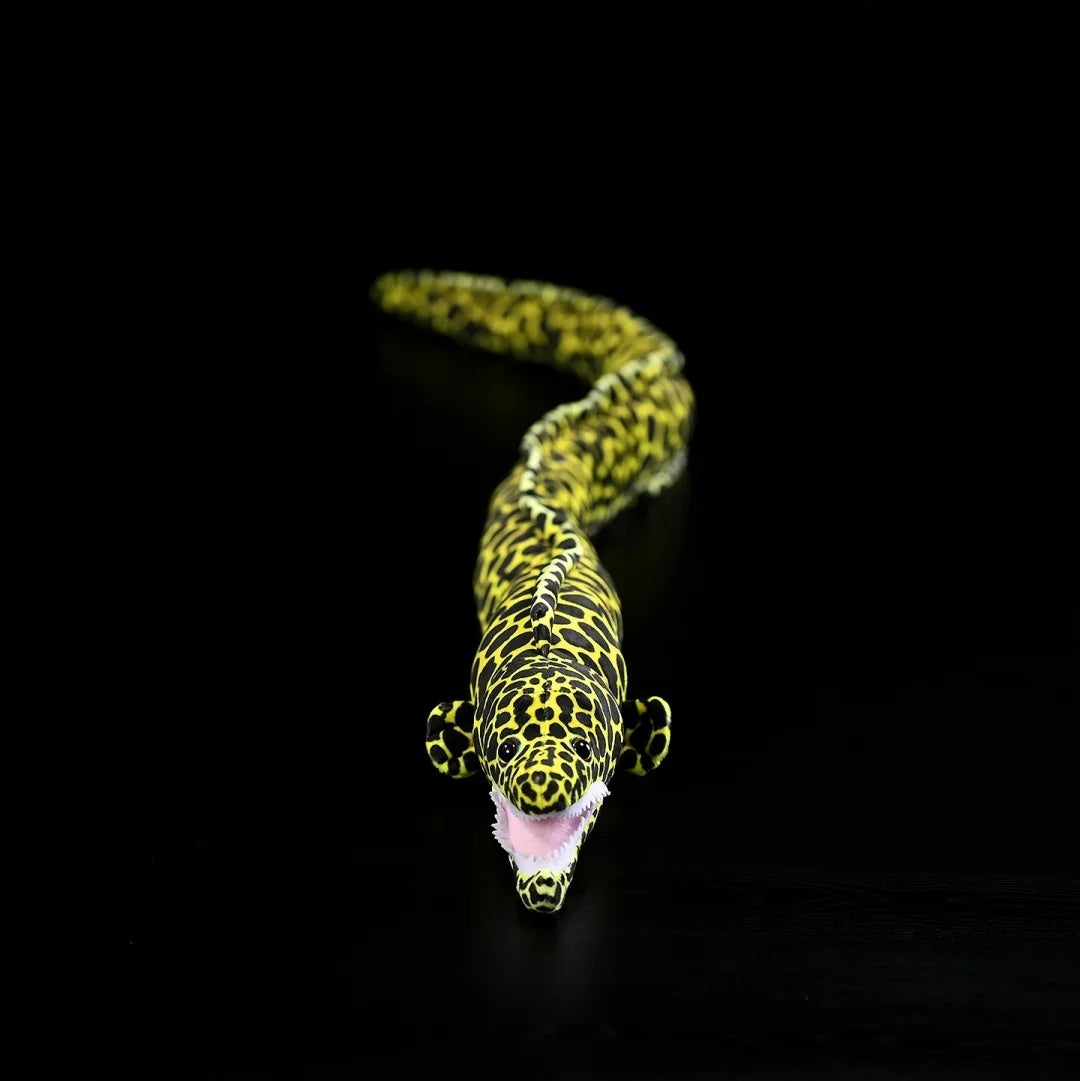Lifelike Honeycomb Moray Eel Plush by SoftDaysLab®, with vibrant yellow and black detail perfect for display