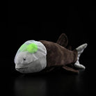 Side view of Pacific Barreleye Fish Plush by SoftDaysLab®, featuring bright green eyes and a lifelike transparent dome