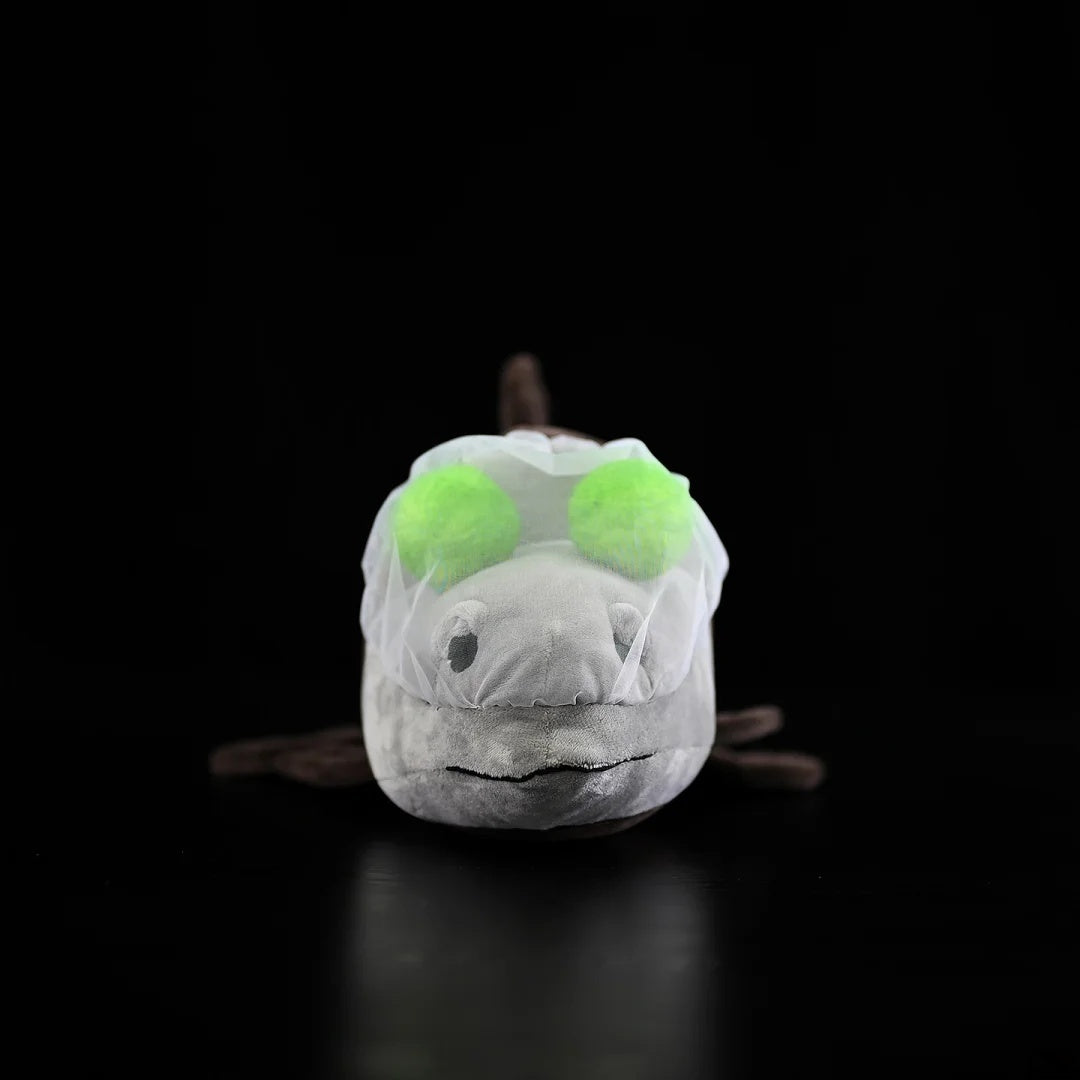 Front view of Pacific Barreleye Fish Plush by SoftDaysLab®, showcasing its realistic tubular eyes and detailed design