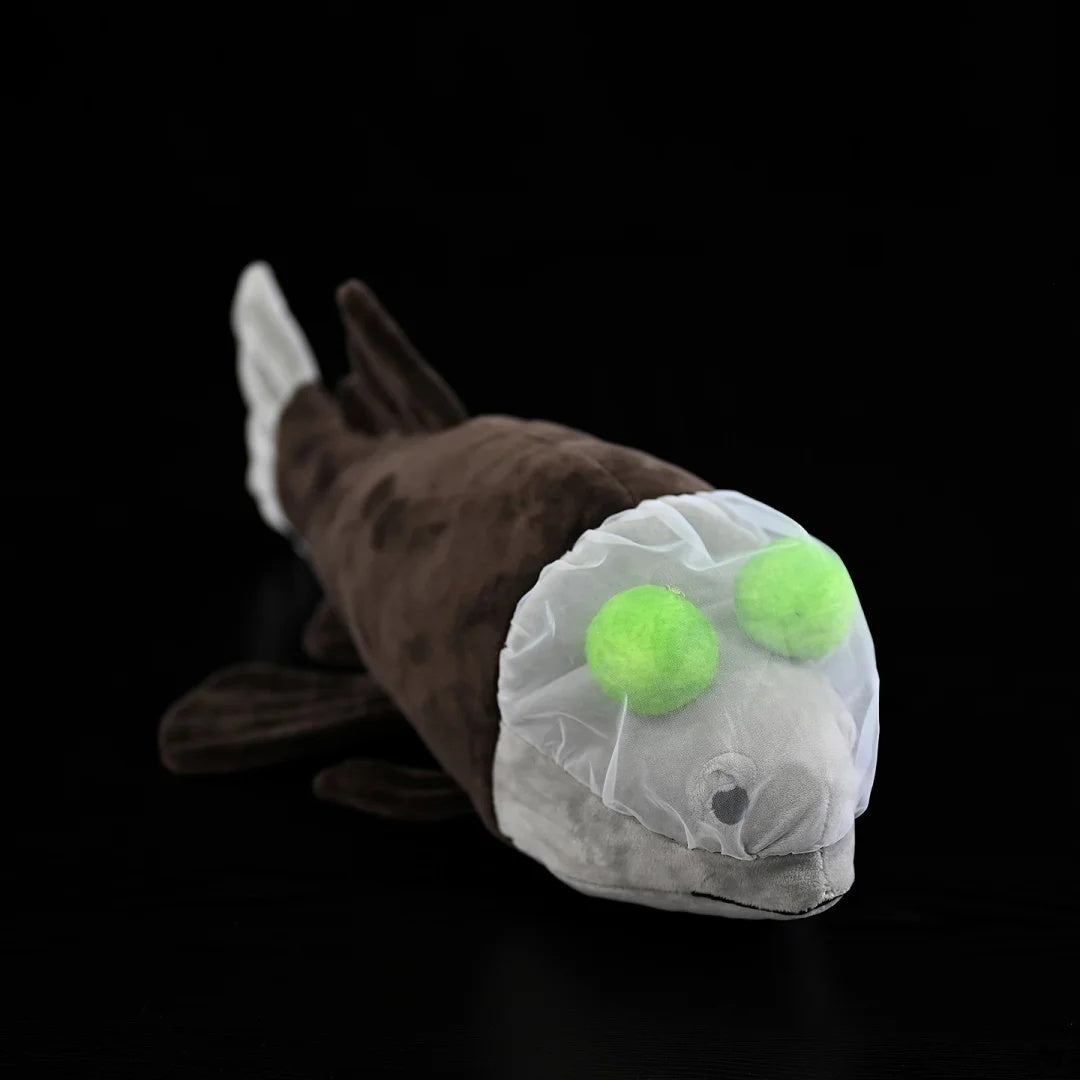 Detailed top view of Pacific Barreleye Fish Plush by SoftDaysLab®, emphasizing its iconic dome-shaped head