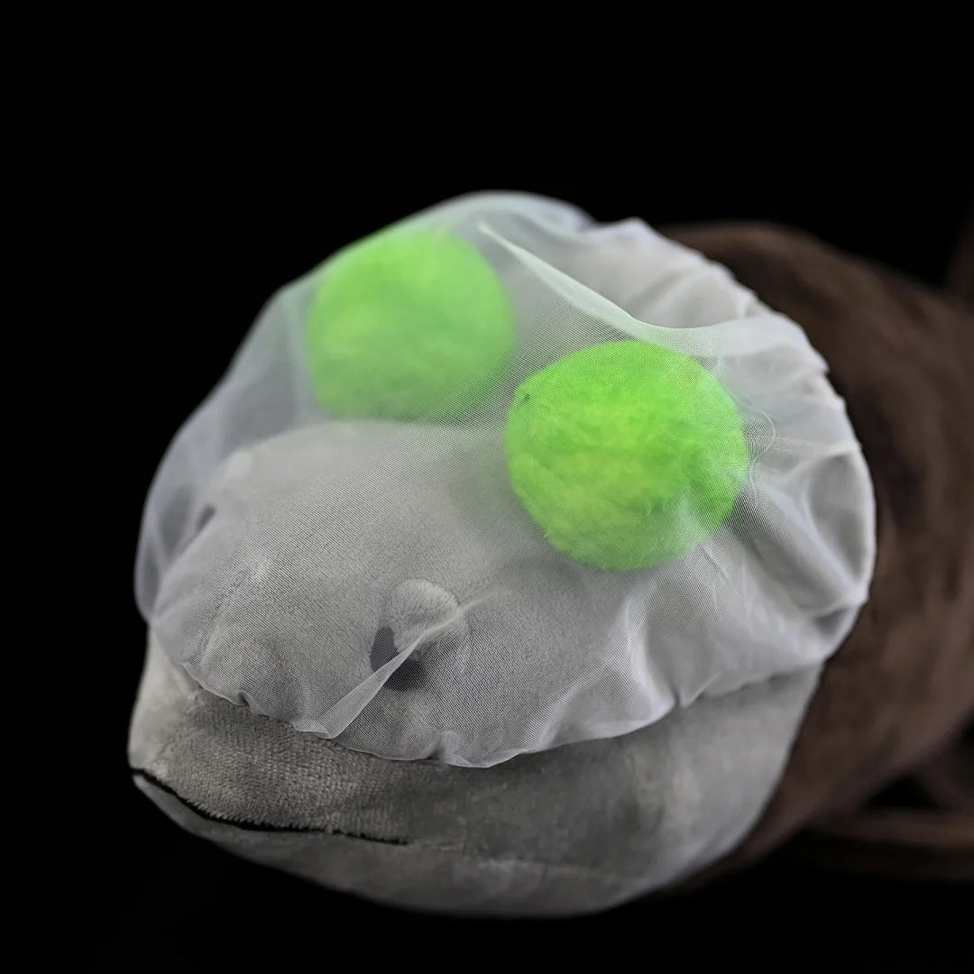 Close-up of Pacific Barreleye Fish Plush's head by SoftDaysLab®, showcasing the vibrant green eyes and fine textures