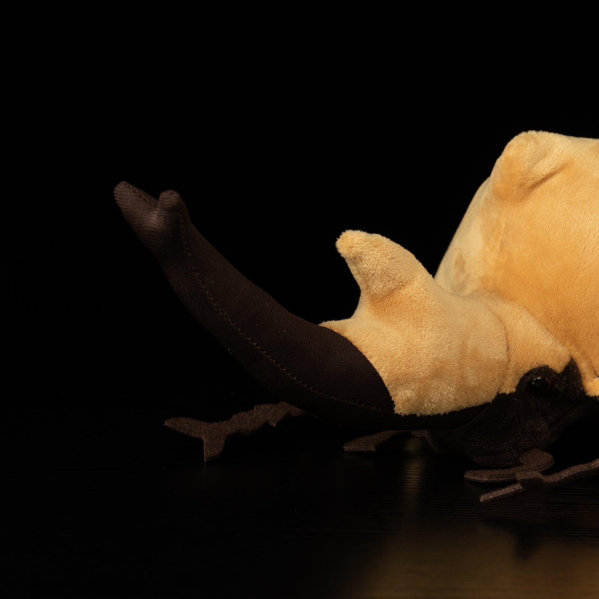 Detail of SoftDaysLab® elephant beetle plush’s realistic horn, capturing the unique beetle anatomy for insect fans