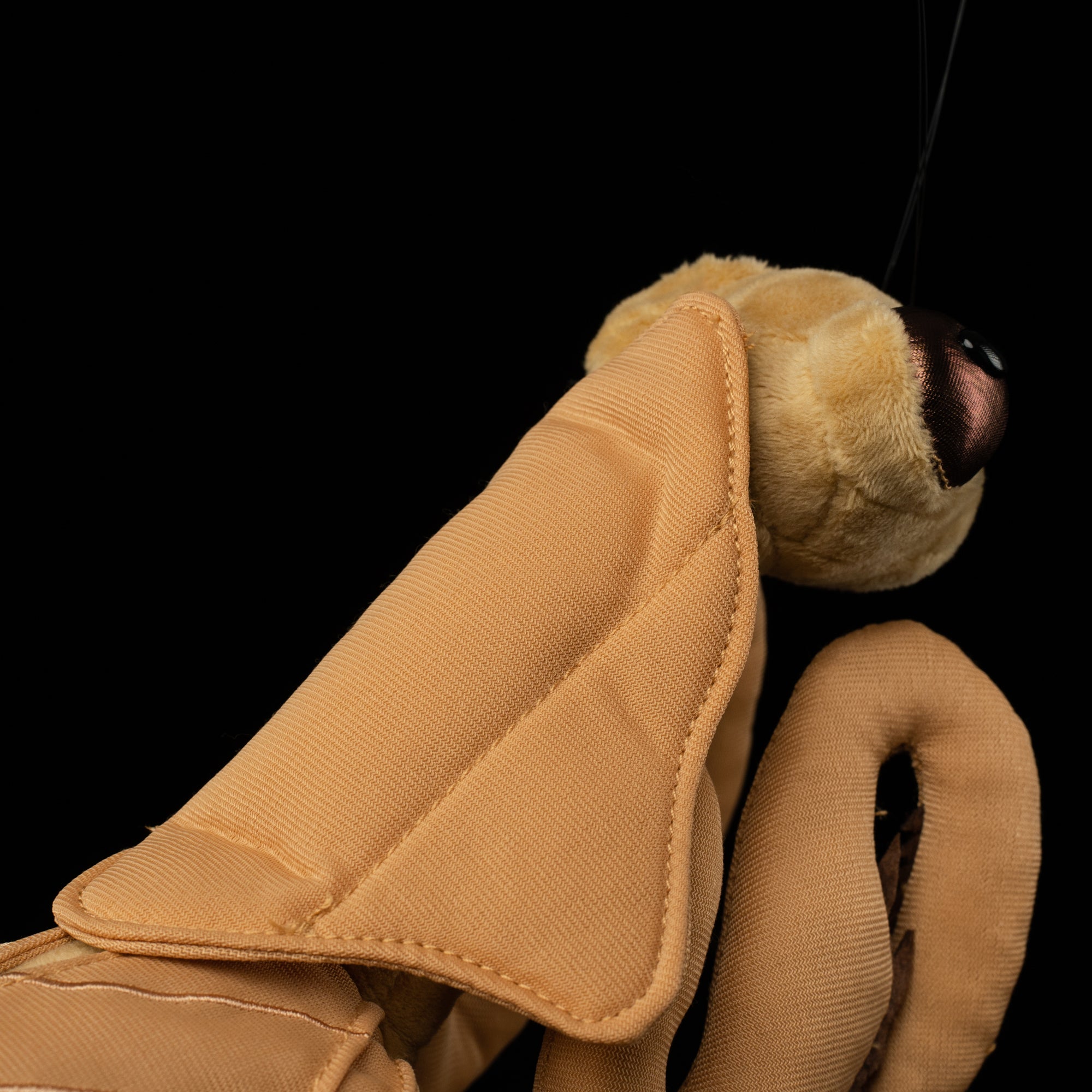 Close-up of Dead Leaf Mantis plush head by SoftDaysLab®, highlighting the realistic mantis eyes and antennae