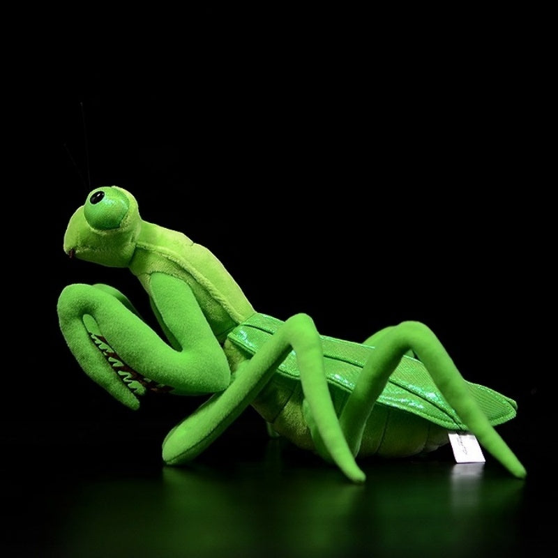 Side profile of the Chinese mantis plush toy, showing intricate wing and leg details by SoftDaysLab