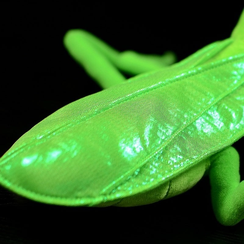 Close up of Realistic Chinese Mantis Plush Toy's shimmering green wings, capturing intricate detail by SoftDaysLab