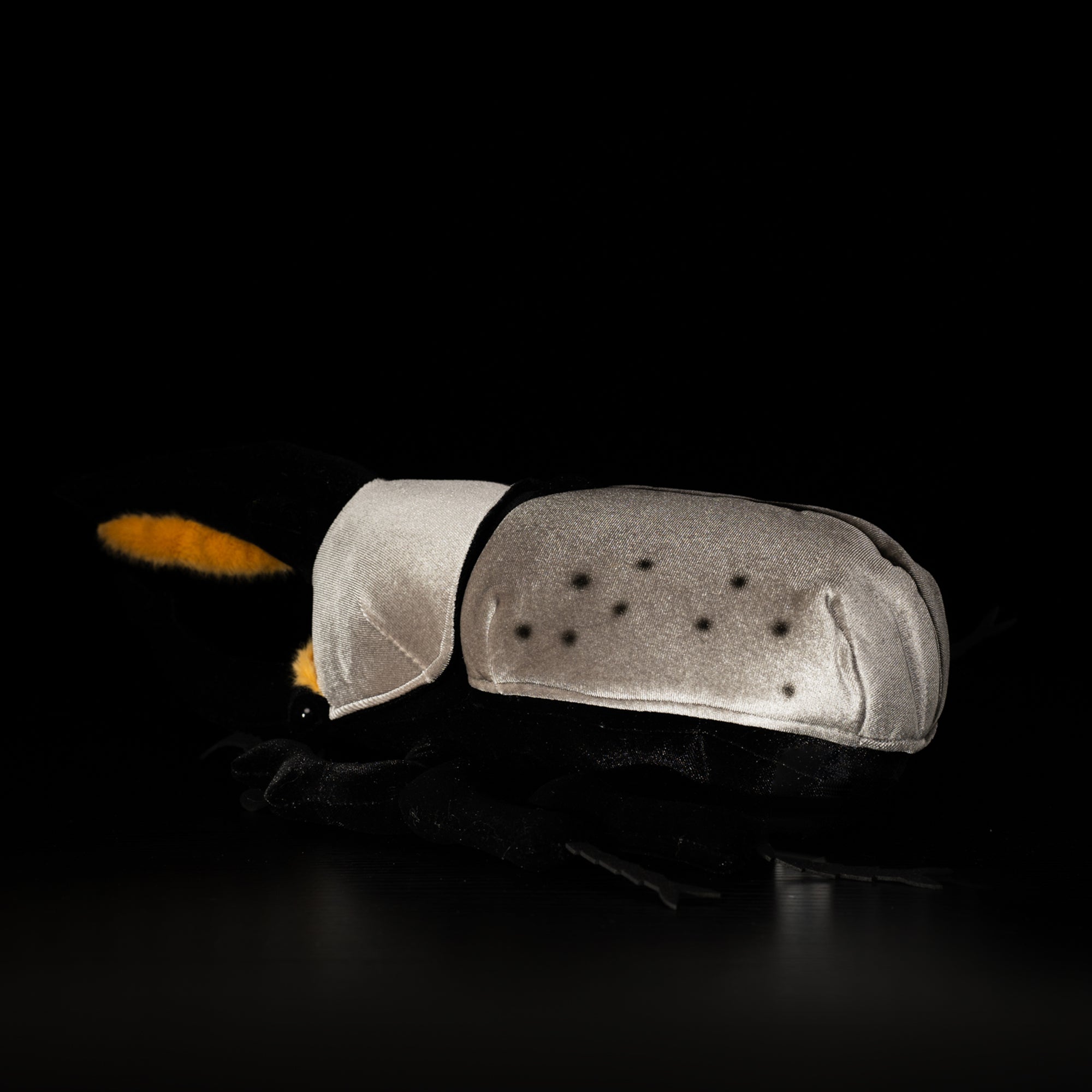 Rear view of Western Hercules beetle plush highlighting the gray spotted elytra by SoftDaysLab
