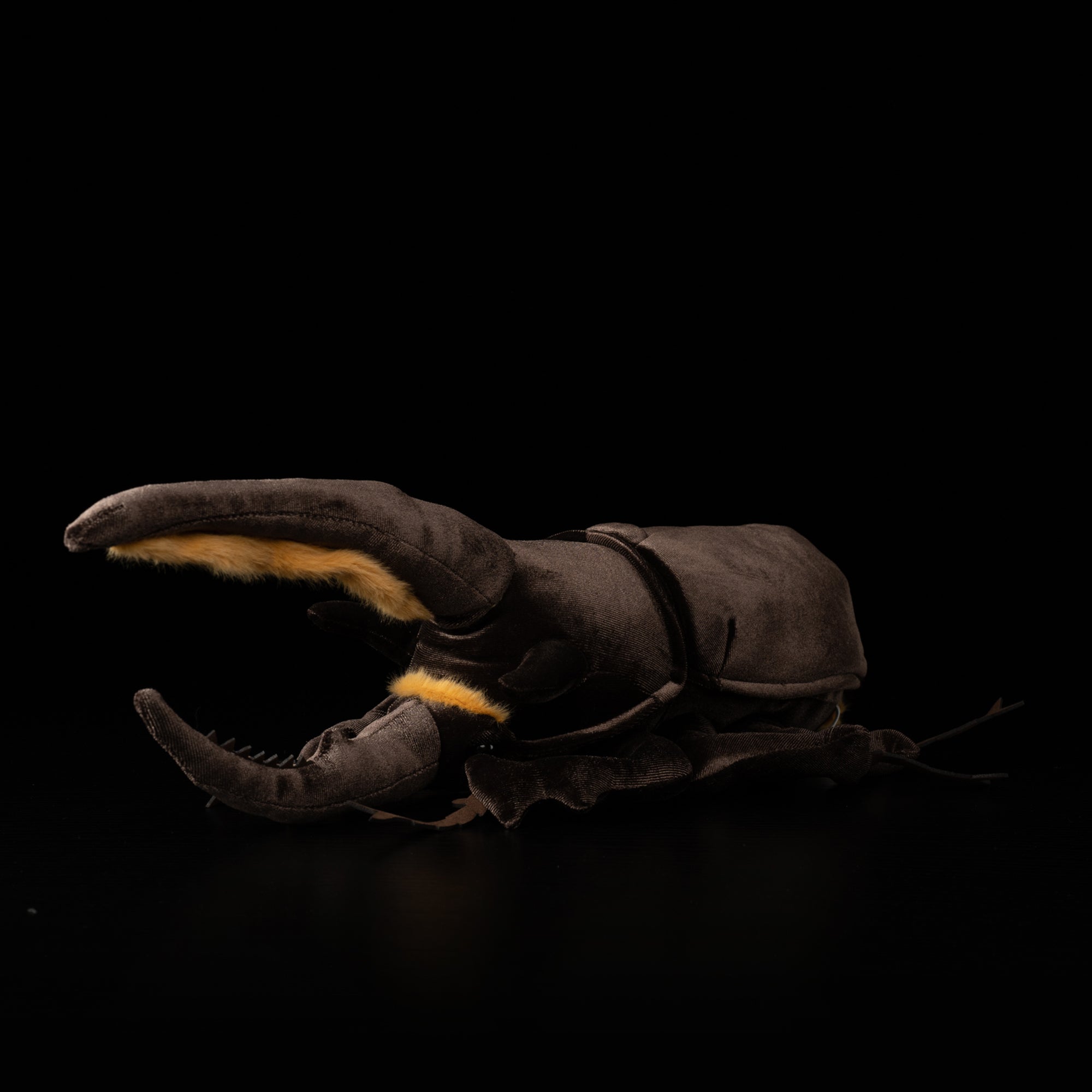 Side view of Neptune Hercules beetle plush with realistic horns and soft texture by SoftDaysLab