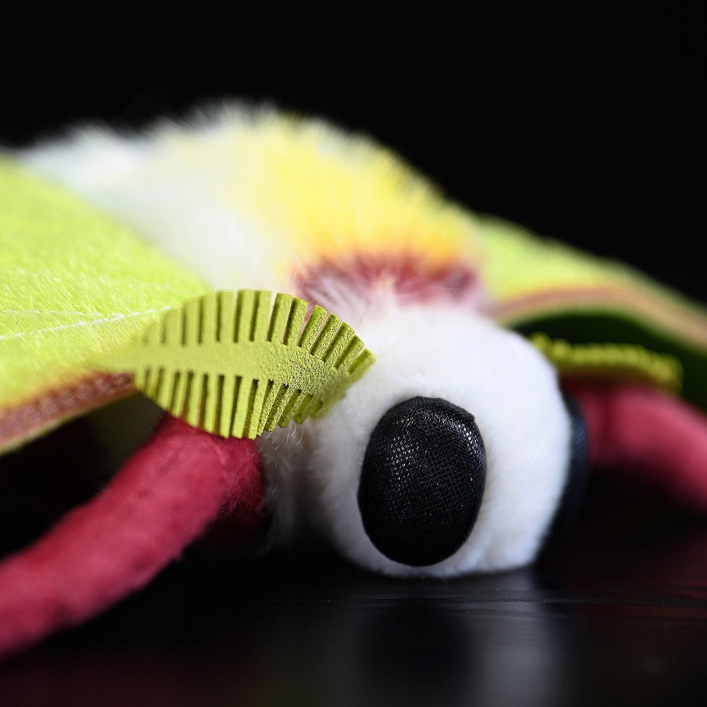 Close-up of Luna Moth Plush antennae, capturing its lifelike and intricate details