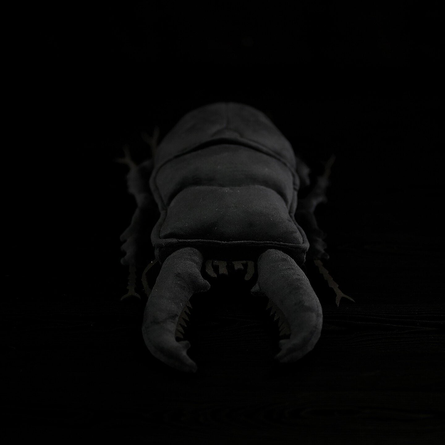 精巧に作られたパラワンオオクワガタムシのぬいぐるみを正面から見上げた写真。リアルな角のような顎と滑らかな黒いボディが特徴的。