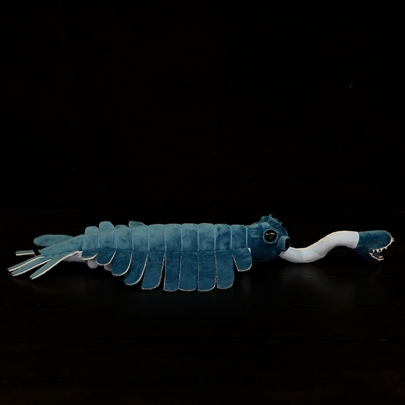 Side profile of the Opabinia stuffed animal, featuring its long body and lifelike prehistoric details by SoftDaysLab