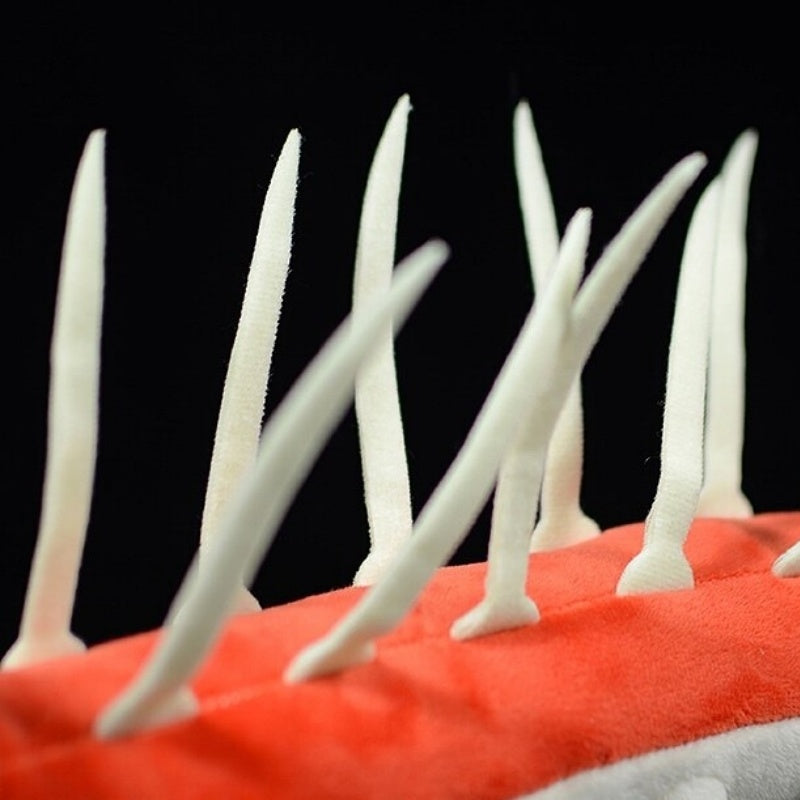 Close-up of the Hallucigenia plush toy’s spines, showcasing its detailed and realistic prehistoric design