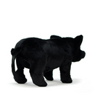 Rear view of a black pig plush toy, showcasing its realistic curled tail and soft texture
