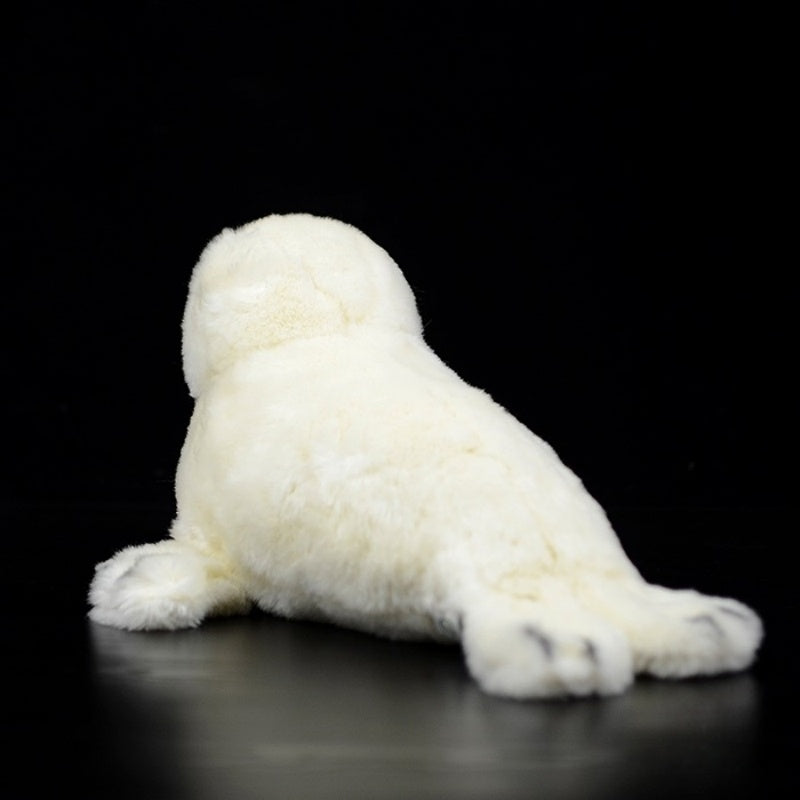 Realistic white seal pup plush toy with a detailed back view, perfect for collectors, by SoftDaysLab