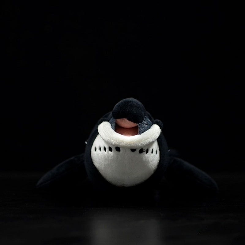 Front view of bowhead whale plush toy’s face, showing soft texture and lifelike design, crafted by SoftDaysLab
