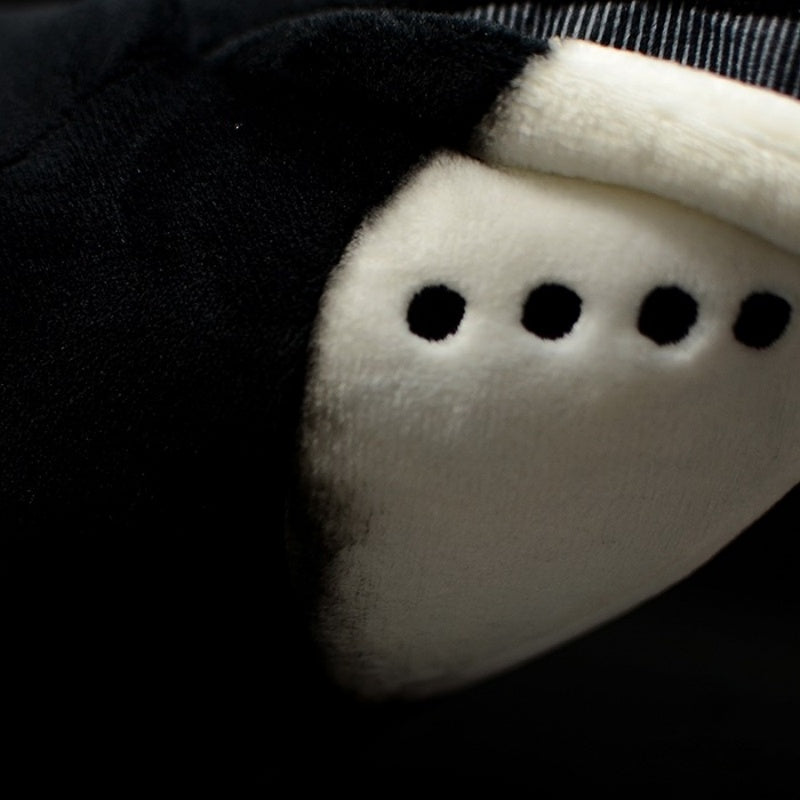 Close-up of the bowhead whale plush toy’s lower jaw, showing lifelike spots and soft materials, crafted by SoftDaysLab