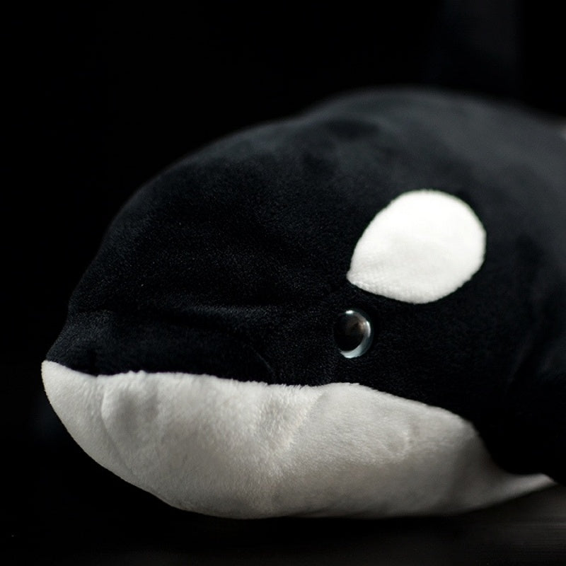 Close-up of the orca whale plush’s face, highlighting its realistic eye and soft black-and-white texture
