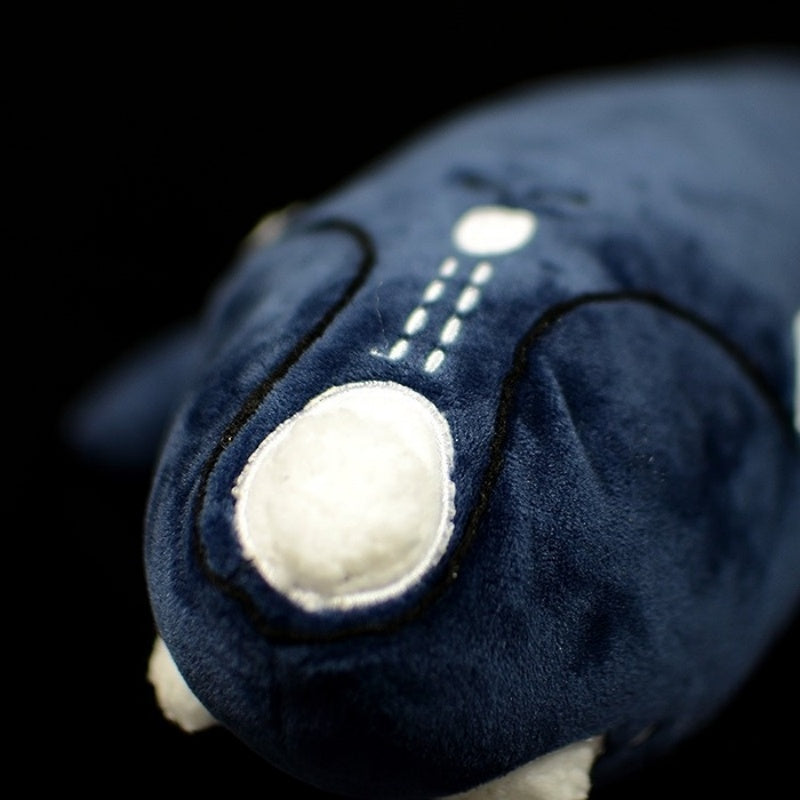 Close-up of Southern Right Whale plush toy's embroidered head details, showing lifelike design and soft texture