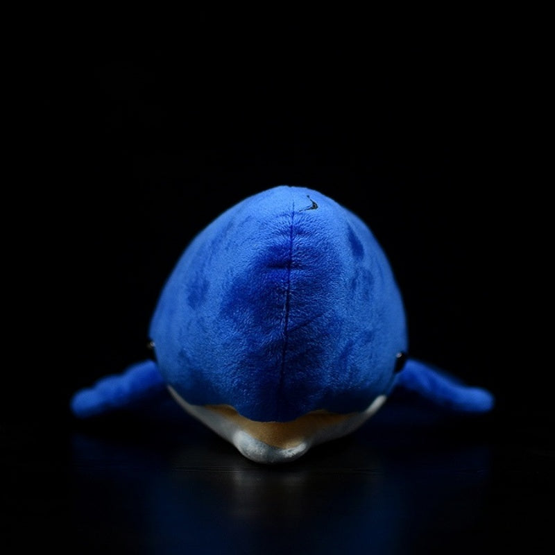 Front view of the sperm whale plush toy, showing its detailed head and ocean-inspired design