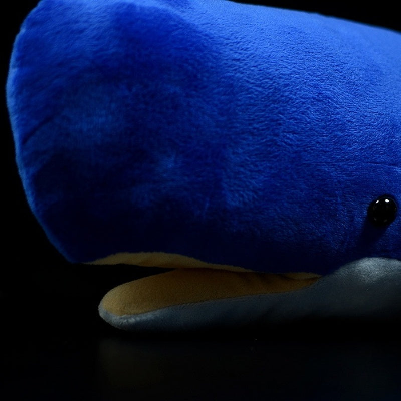 Zoomed-in view of the sperm whale plush toy's mouth and eye, crafted for realism by SoftDaysLab