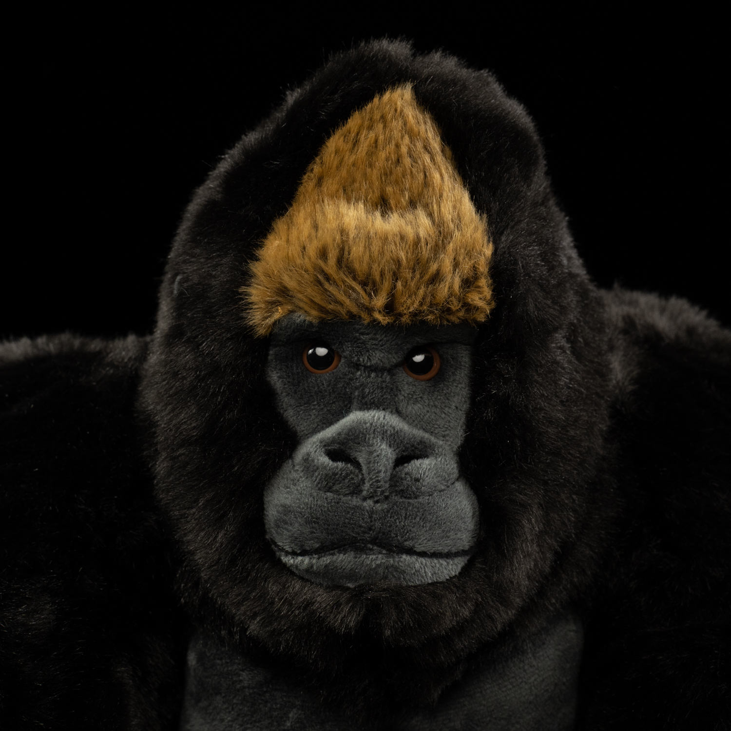 Close-up of the silverback gorilla plush toy’s face with lifelike eyes and golden forehead by SoftDaysLab