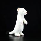 Side view of a standing ermine plush toy with a white body and black tail by SoftDaysLab