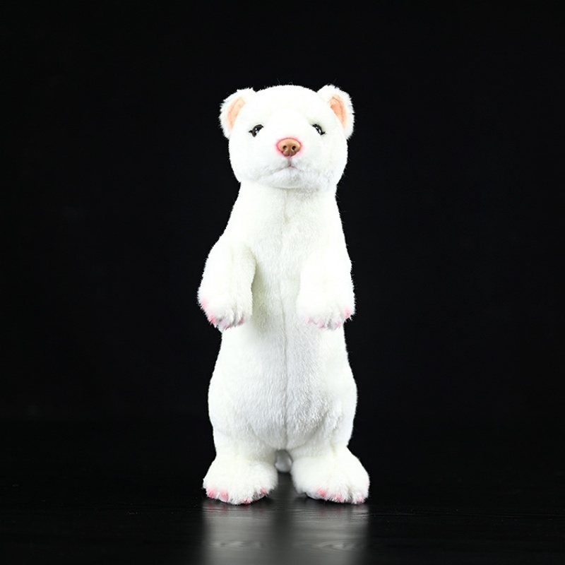 Front view of a realistic standing ermine plush toy with soft white fur by SoftDaysLab