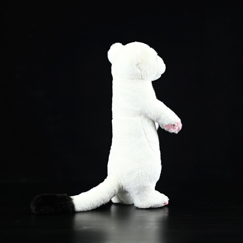 Rear view of a standing ermine plush toy showcasing its fluffy white fur and black tail tip by SoftDaysLab