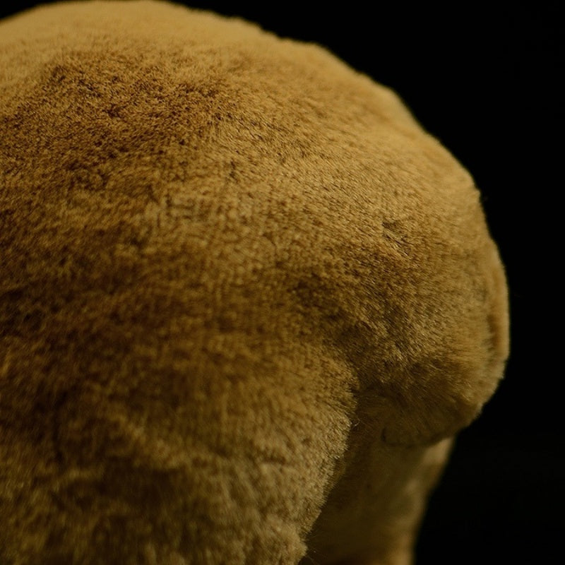 Close-up of the plush back of a realistic soft capybara toy with lifelike brown fur by SoftDaysLab