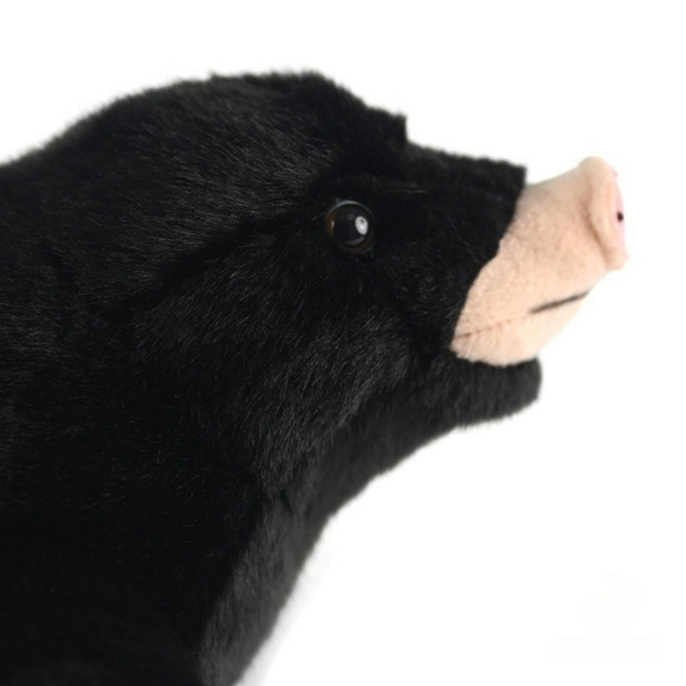 Close-up of mole plush toy's face, featuring lifelike eyes and soft fur for a realistic look