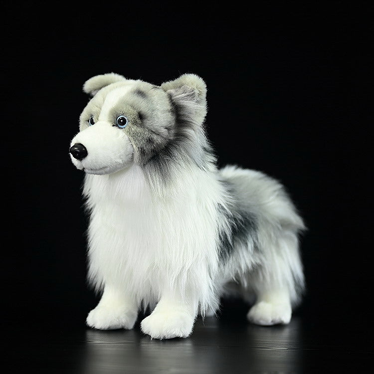 Blue Merle Border Collie plush toy in a standing pose, featuring realistic design and fluffy texture