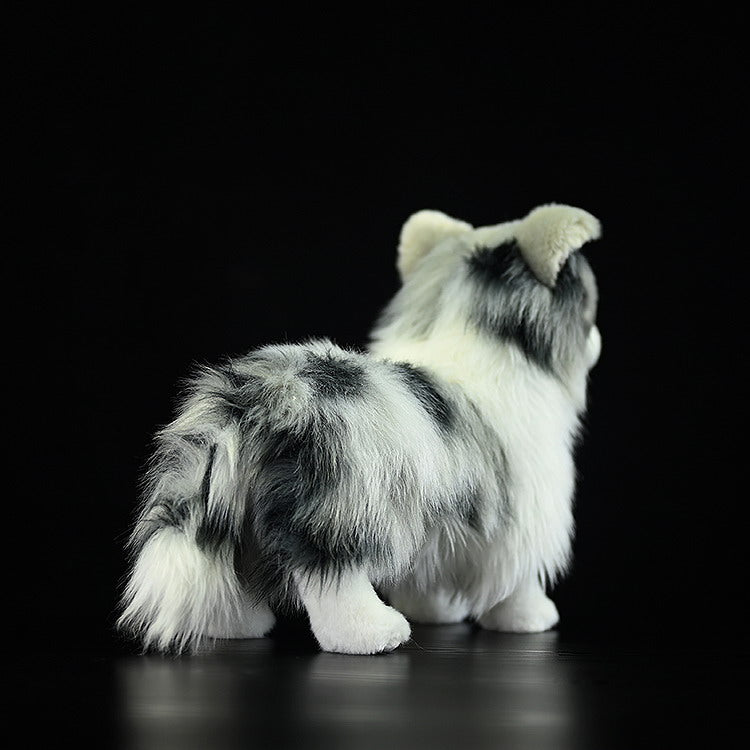 Back view of Blue Merle Border Collie plush, highlighting its detailed fur and lifelike appearance