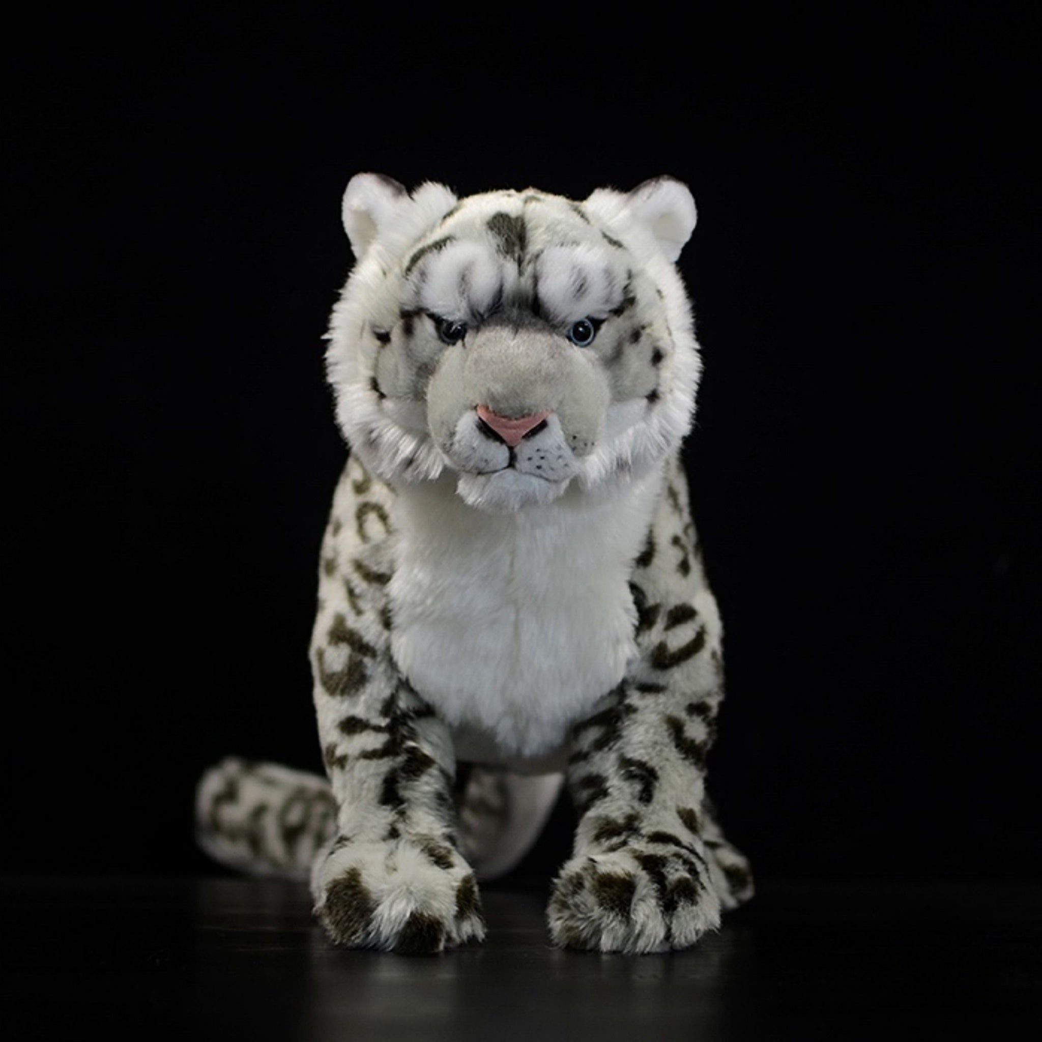 Front view of snow leopard plush toy with lifelike details and soft fur texture by SoftDaysLab