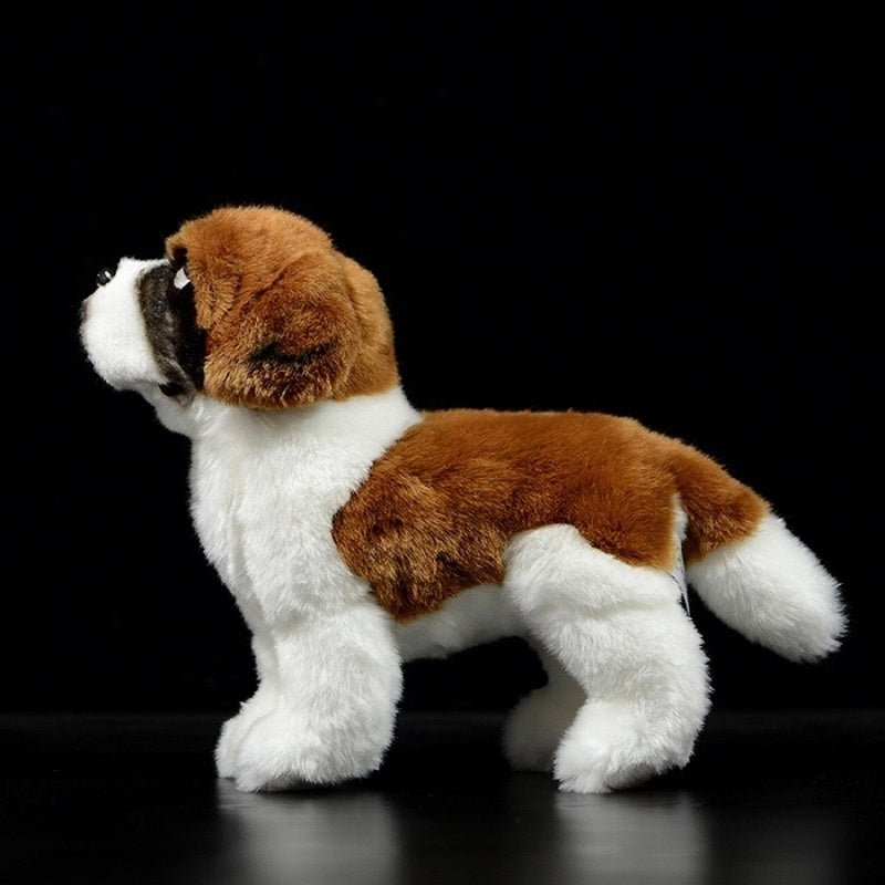 Profile view of a lifelike Saint Bernard puppy plush toy featuring detailed fur patterns by SoftDaysLab